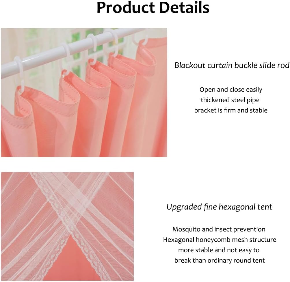 Elegant Double Layer Cozy Drape Netting Bed Curtain,4 Corners Post Solid Color Bed Canopy Curtain,Thickened Steel Pipe Bracket,for Girls' Adult Bedroom Decor(E)