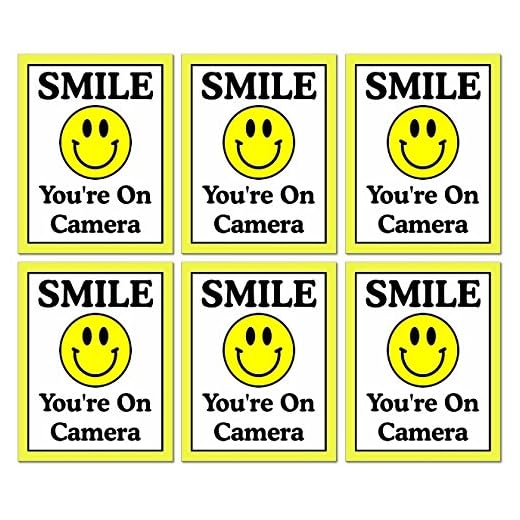 6 Pack of Large (4" Wide x 5" Tall)"Smile You're On Camera" Video Surveillance Security Decals Door Window Wall Vinyl Stickers for Indoor/Outdoor Use; Adhesive on Back