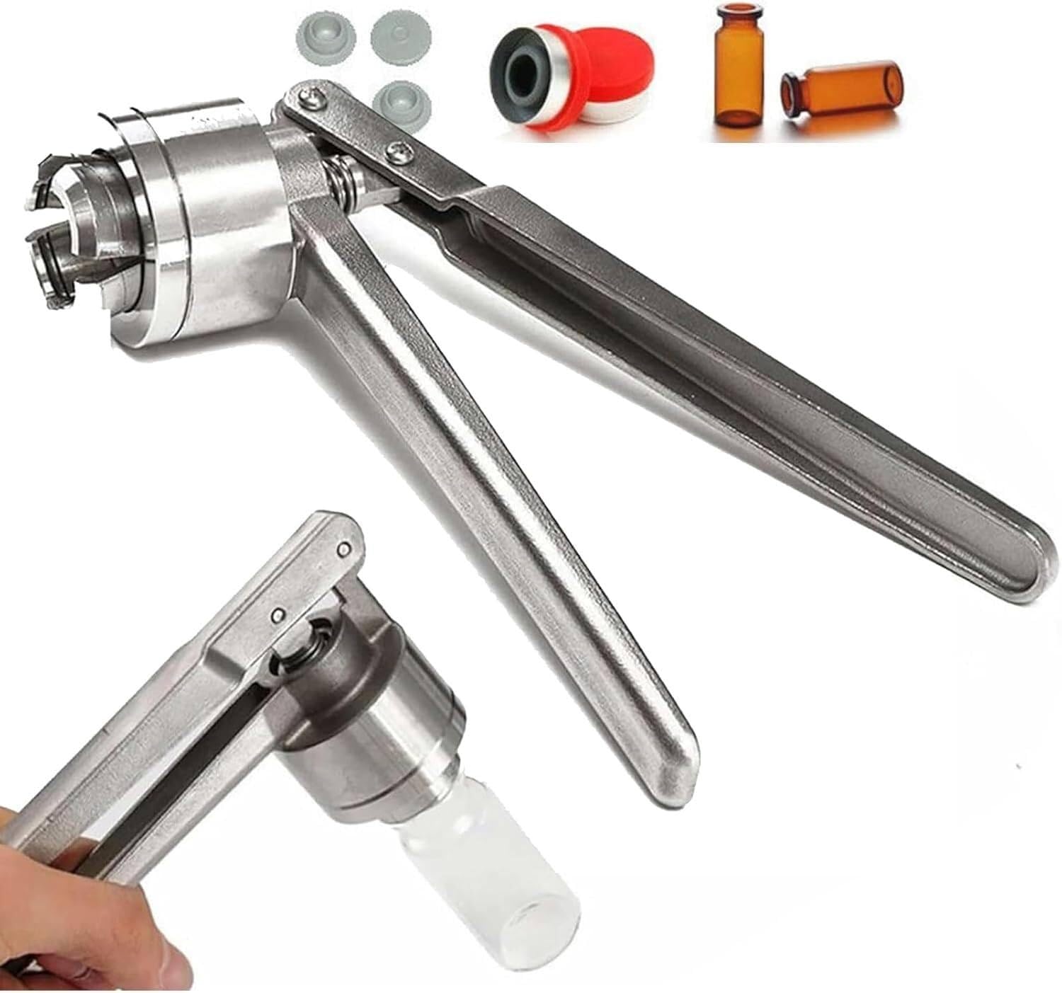 Tapón manual para botellas pequeñas, cierra tapas de 11-20 mm | Construcción de aluminio y acero inoxidable. Sella sin dañar la boca ni la tapa. Para laboratorios(A,15mm)