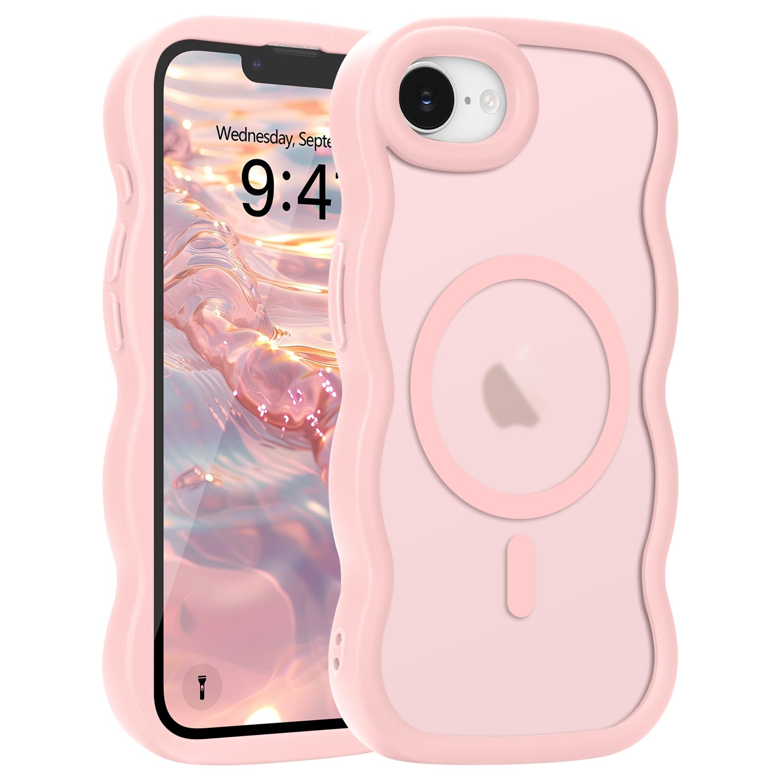 Pepmune iPhone 17e / iPhone 16e 用 ケース MagSafe対応 ウェーブ 半透明 滑り止め おしゃれ 可愛い 韓国 耐衝撃 指紋防止 ワイヤレス充電 スマホケース ストラップホール付き (ライトピンク）