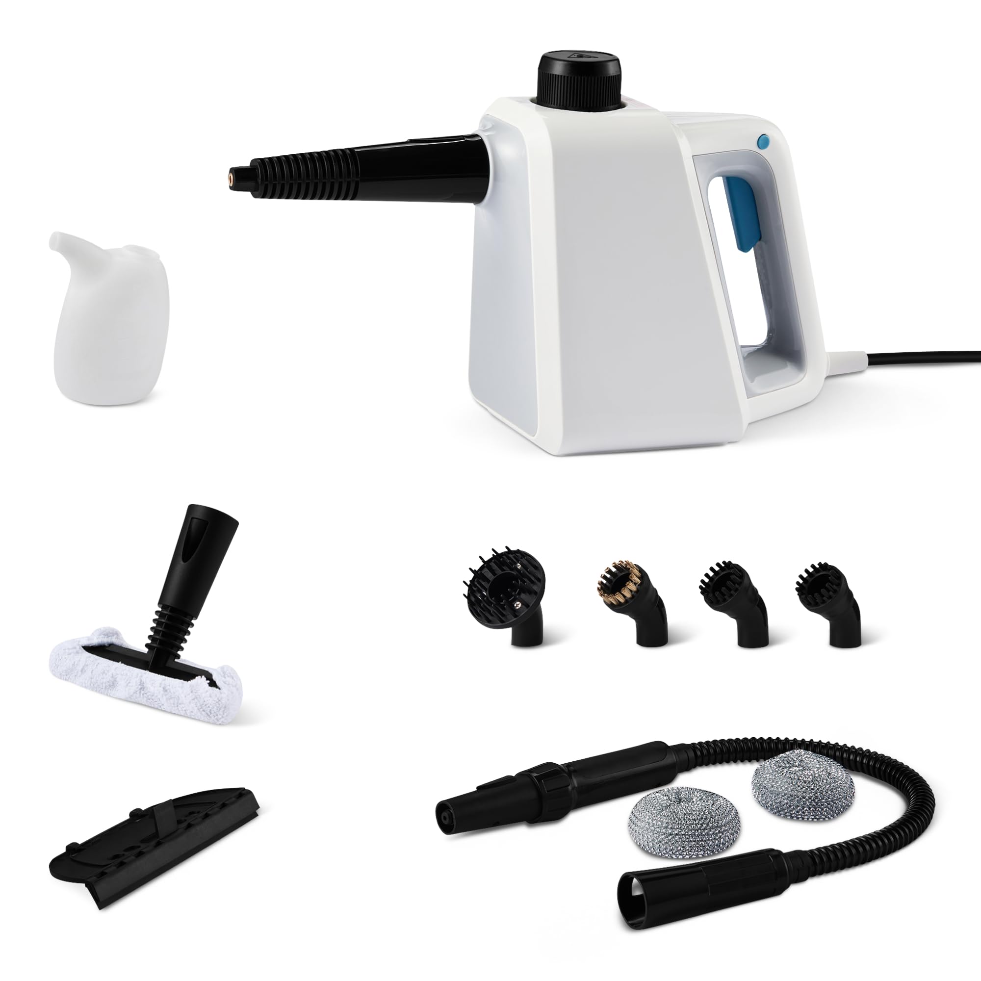 Amazon Basics Steam Cleaner Handheld with 6 Accessories, 250ml Tank, 1000W, 3-Minute Heat-Up, for Bathroom, Kitchen, Car, White