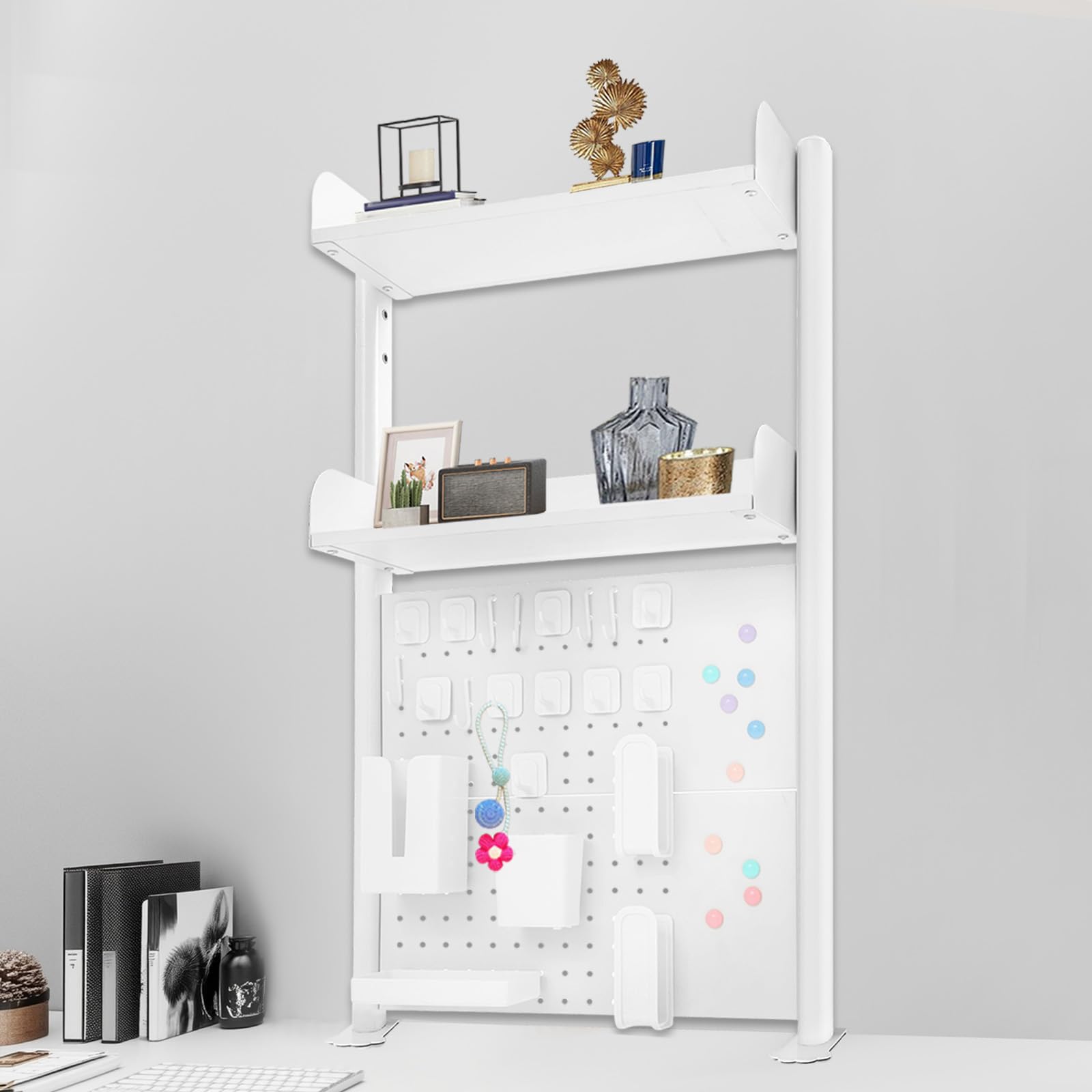 Organizer da scrivania con morsetto da 50 cm, a 3 livelli, con parete forata, per casa, ufficio (bianco)