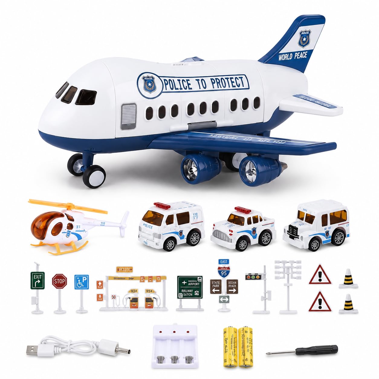 Avión jugue Grande, Recargable, con 4 coch de aleación y señal, Regalo para niños 4+ años, Avión de policía con 4 Coches