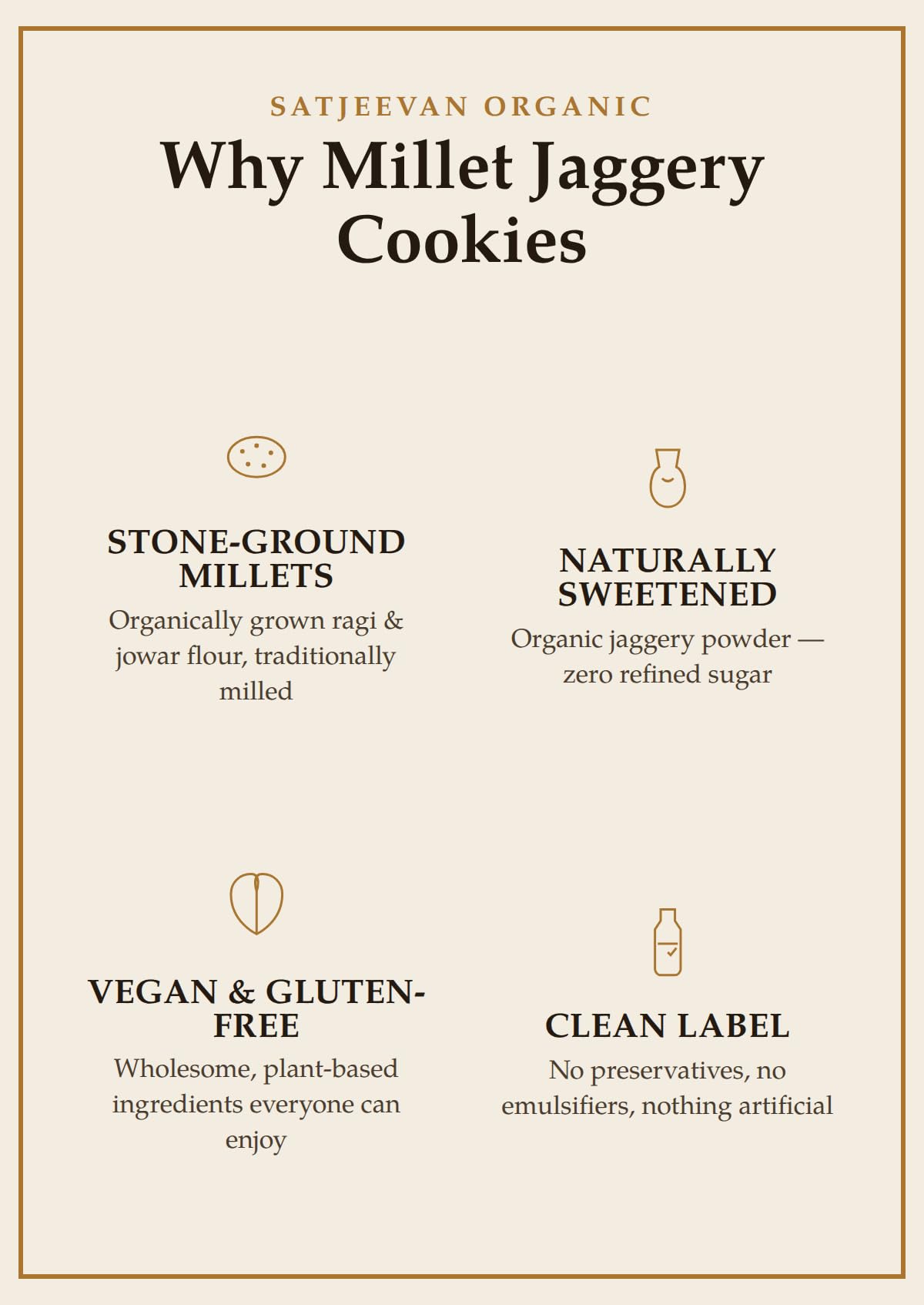 Satjeevan Organic Millet Jaggery Cookies 180g | Vegan & Gluten-Free | Stone-Ground Ragi & Jowar Flour, No Sugar, No Preservatives | Artisanal Handcrafted