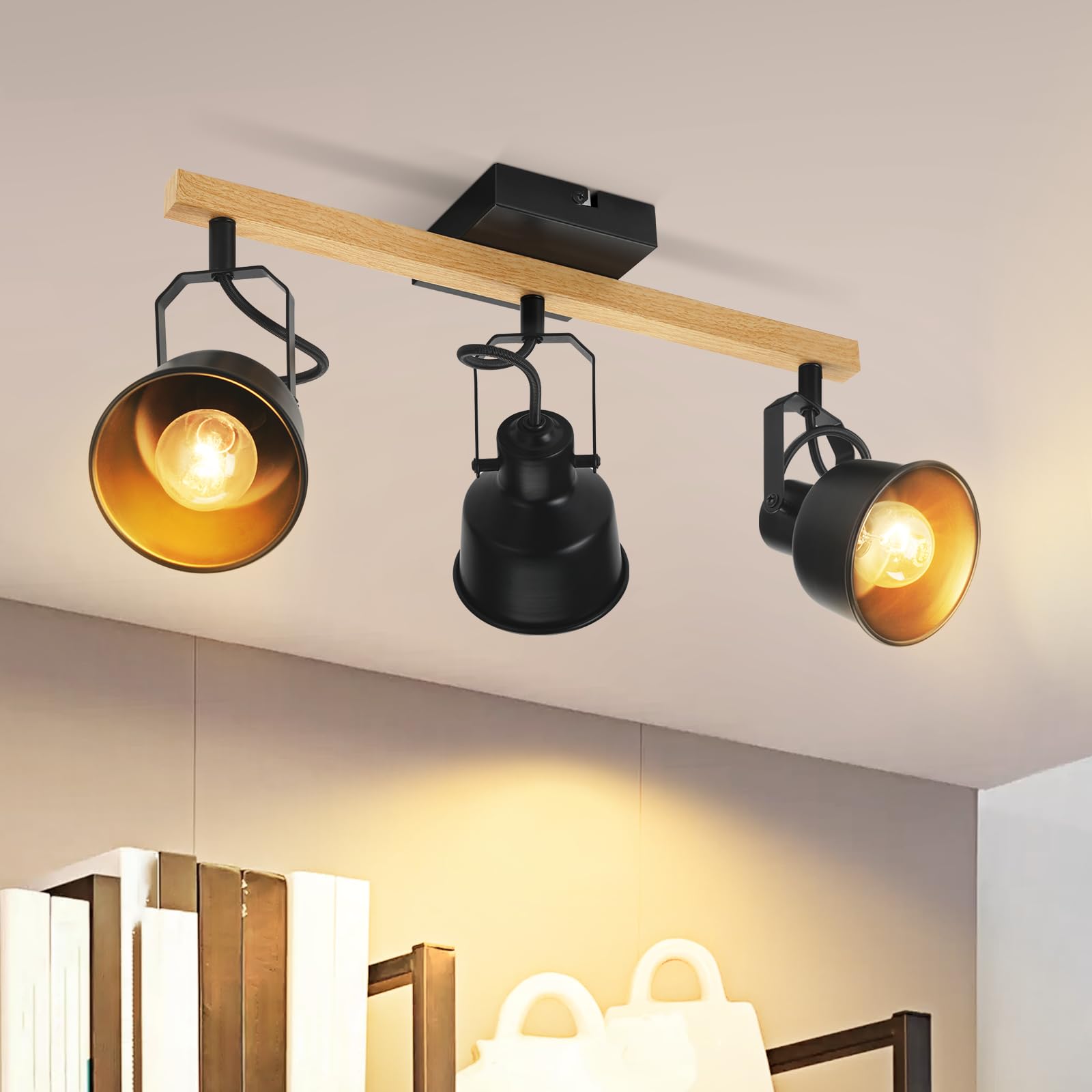 GBLY Foco de techo de 3 llamas, color negro: Lámpara de techo vintage giratoria de 350°, máx. 25 W, casquillo E14, estilo industrial, con vetas de madera, para salón, dormitorio(sin bombilla)
