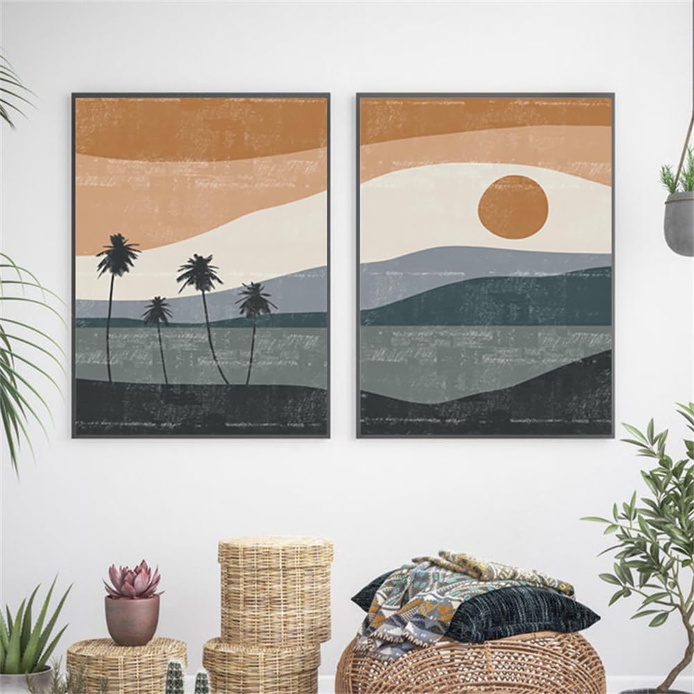 WBYZAC 2 Pieces Poster-Mid Century Modern Terracotta Blue Ocean Canvas Painting Abstract Beach Landscape Prints Poster Wall Art Pictures Office Home Decor-60 * 70cm (No Frame)