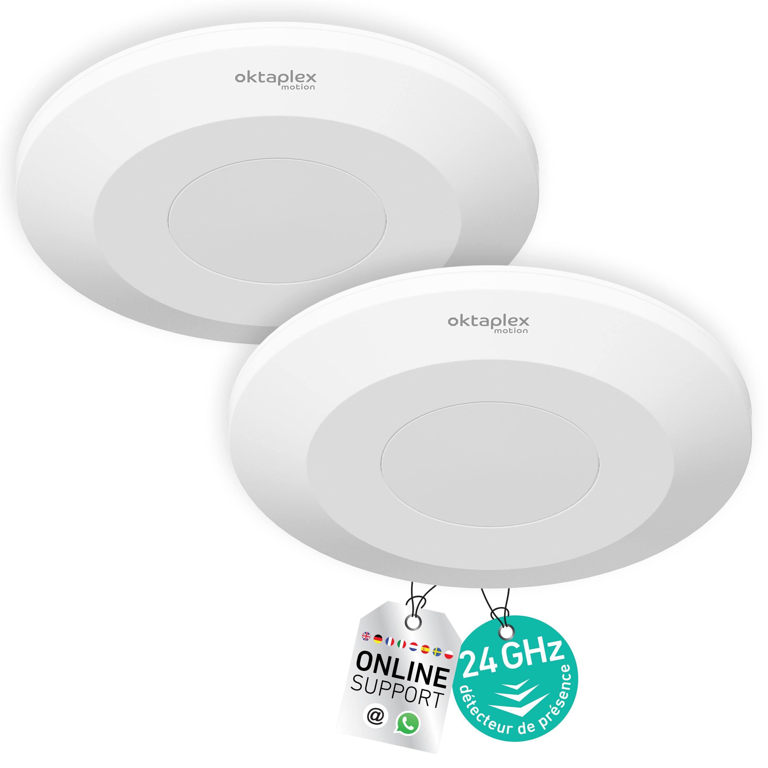 Oktaplex Isa Detector de presencia de montaje en superficie blanco – Ultraplano 22mm – Sensor radar de 24GHz para detección de presencia – Detector de movimiento de HF 360° para techo