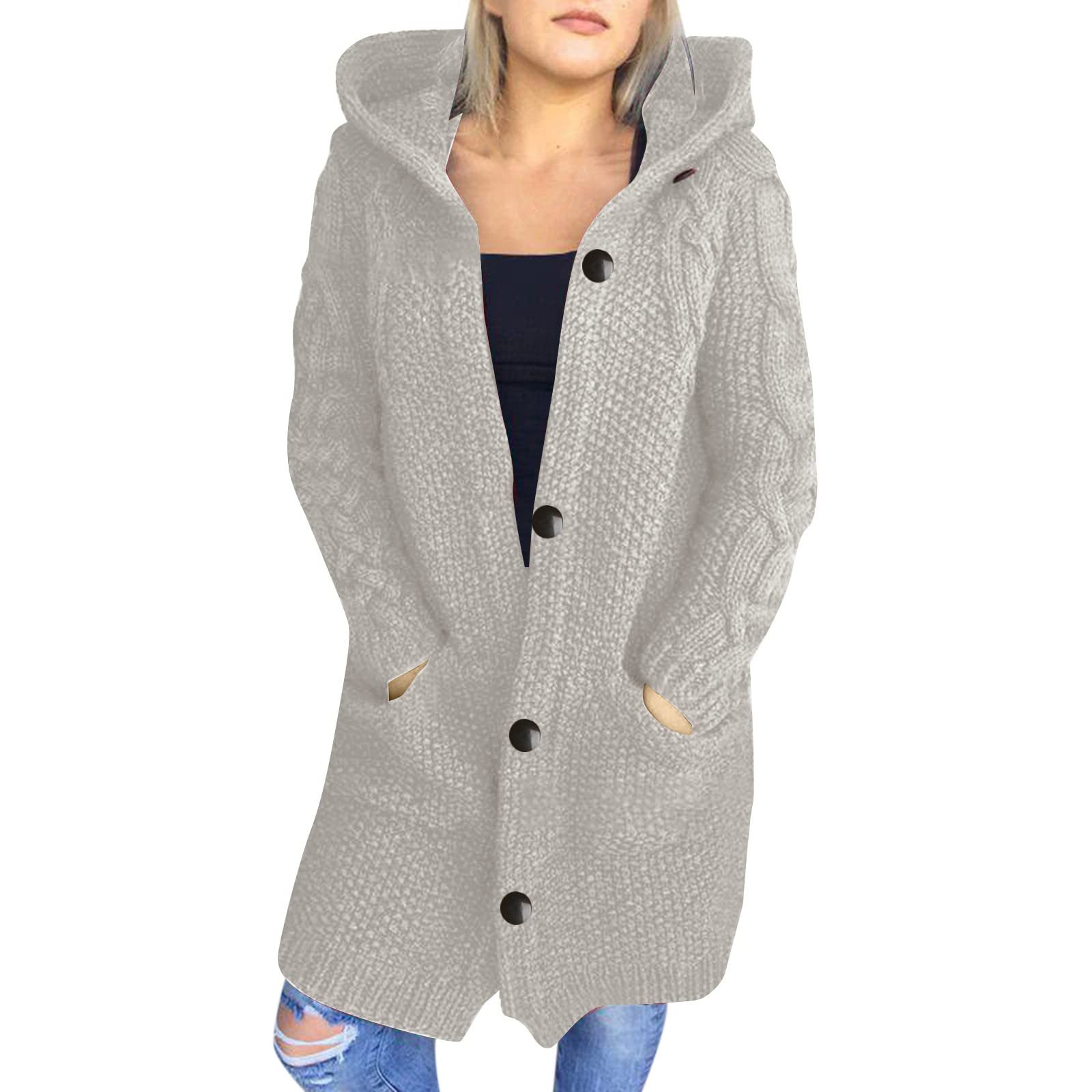 Strickjacke Damen Lang mit Kapuze -Strickmantel Damen Winter Grobstrickjacke Elegant Longstrickjacke Strickcardigan Einfarbig Grobstrick Cardigan Strickjacken für Frauen Mantel Kapuzenjacke