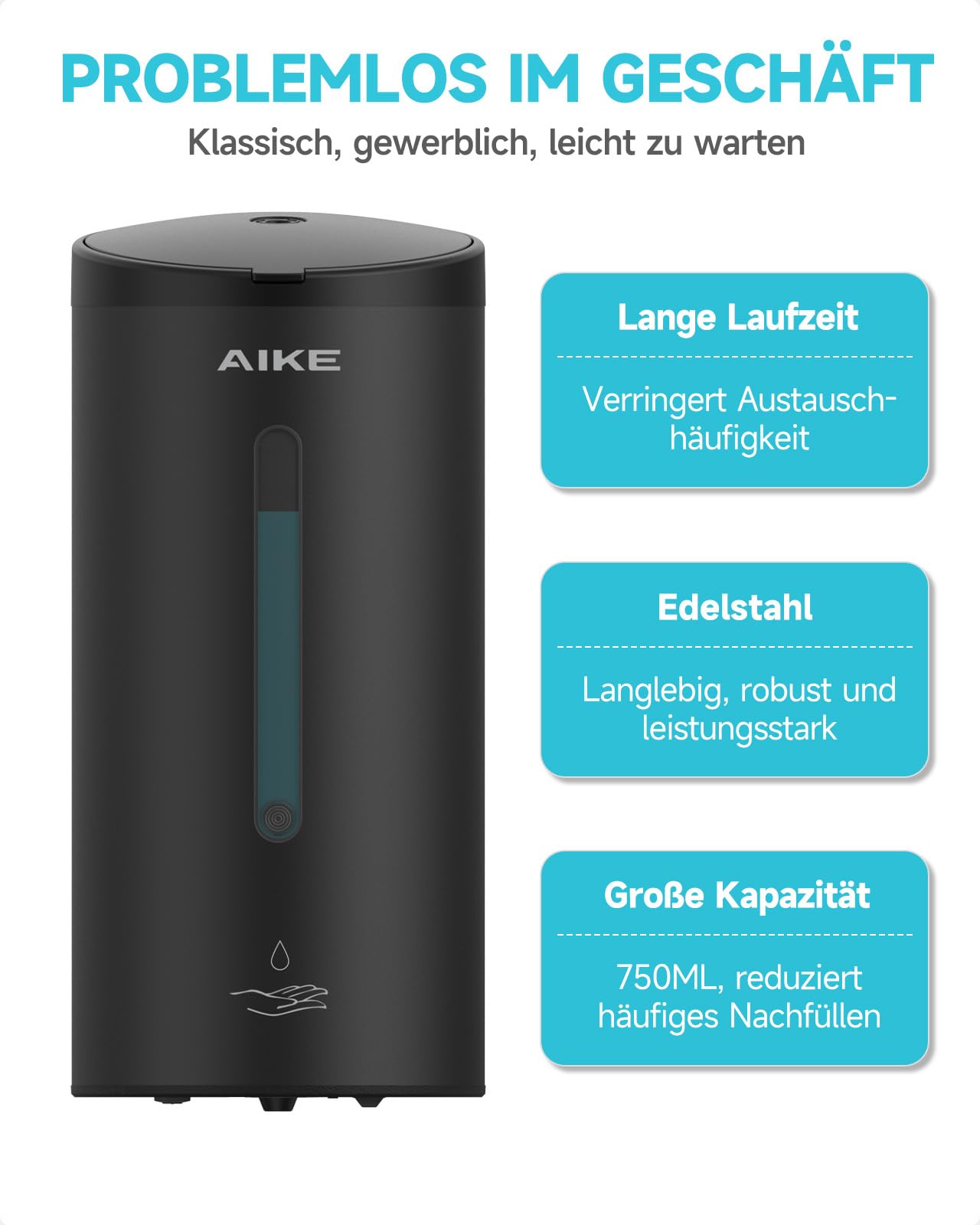 AIKE Automatischer Wand-Seifenspender, Für Bad Und Restaurant, AK1205E | 740 Ml Große Kapazität, Fünf Stufen Einstellbar, Wasserdichter Seifenspender Für Den Haus- Oder Gewerbebereich