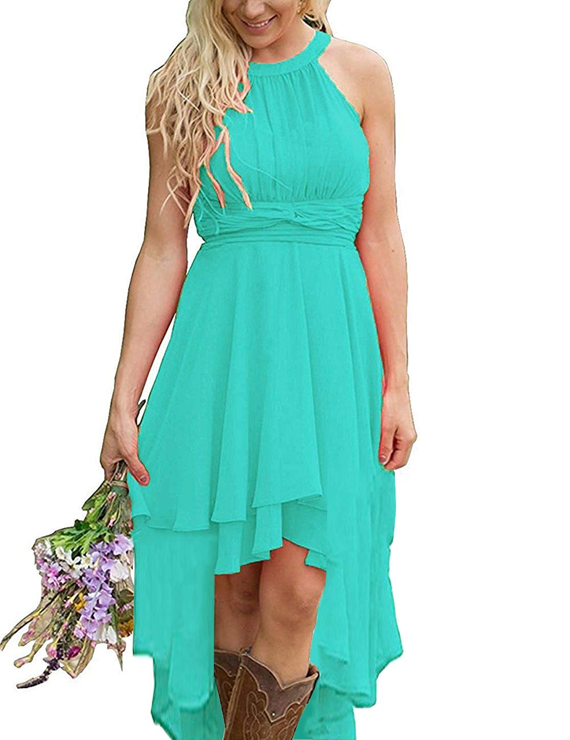 Country High Low Halter Chiffon Bridesmaid Dress Western Wedding Party Guest Dress Mint 6