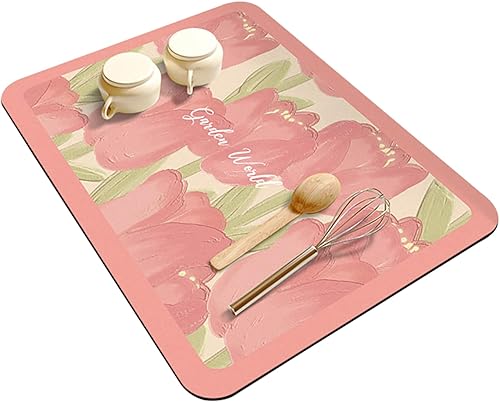 Miniatura 6 de Tapete de secado de platos con patrón de flores creativas para encimera de cocina, tapete de drenaje súper abosrbente, tapete de café antideslizante