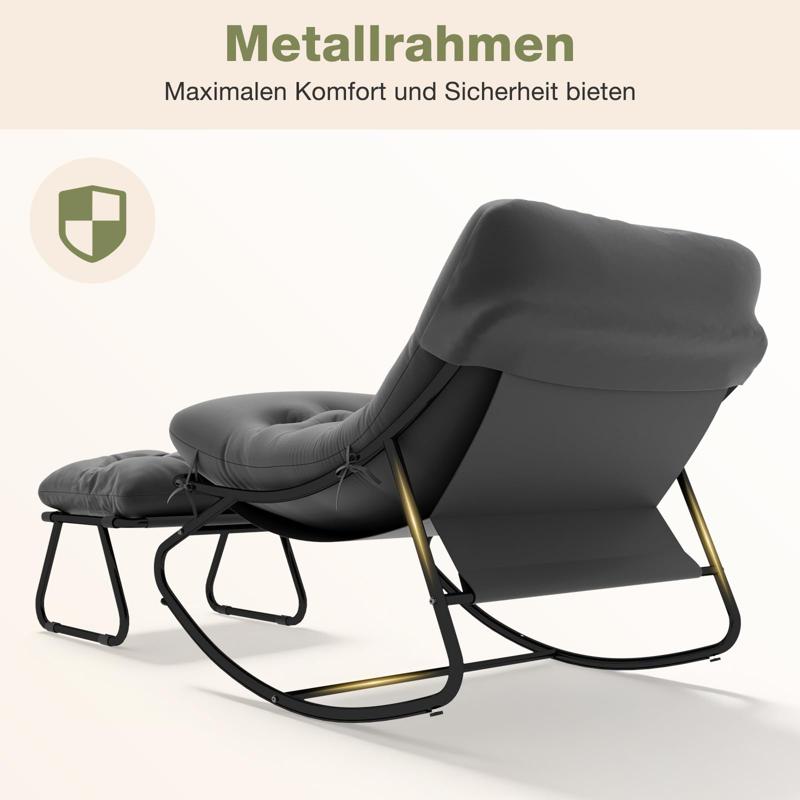 Aoxun Schaukelstuhl mit Hocker für Erwachsene, Schaukelliege Wetterfester Relaxstuhl aus Metall für Hof, Garten, Balkon, maximale Belastung von 160kg, Schwarzgrau