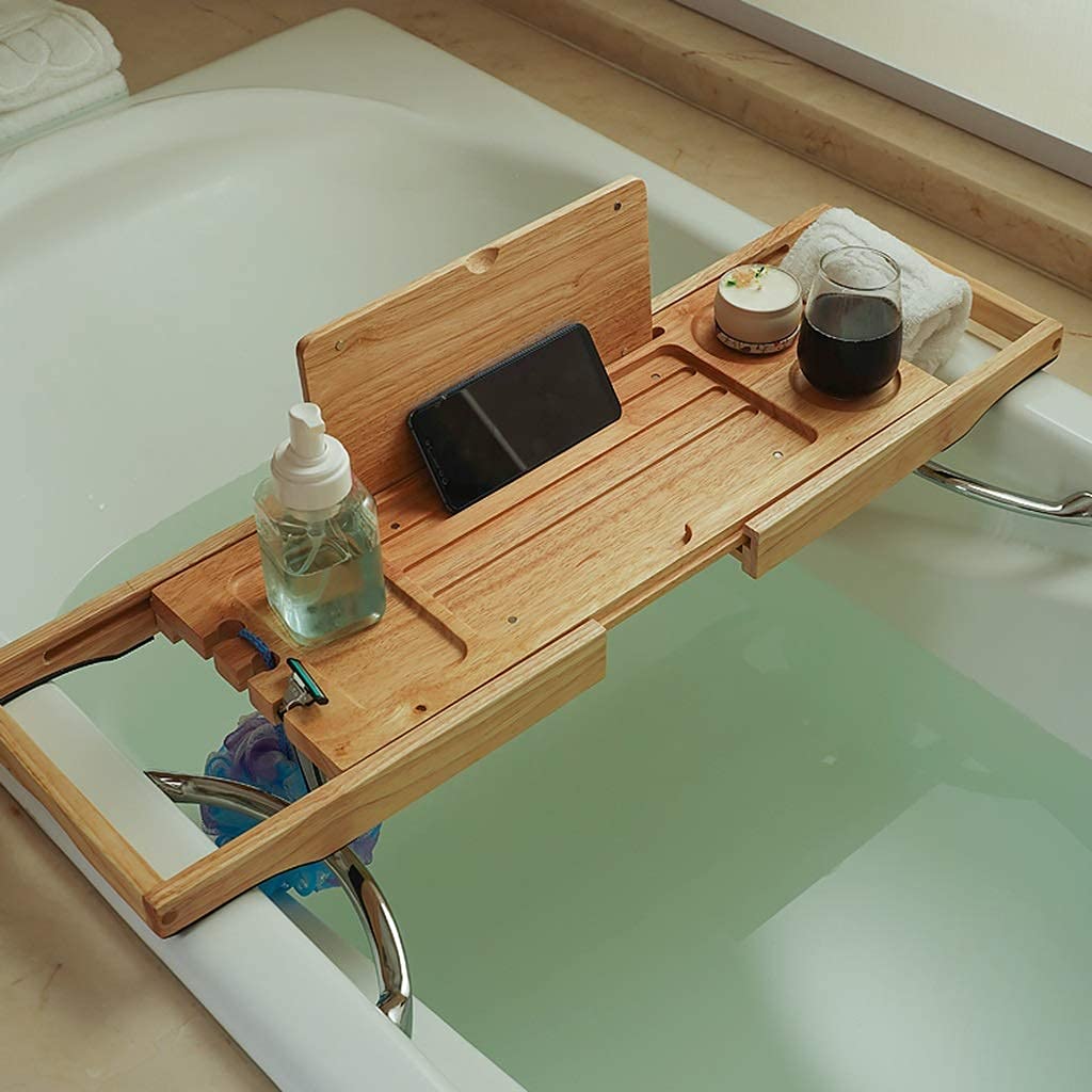 Bandeja de madera de bambú para tina, estante multifuncional para bañera retráctil