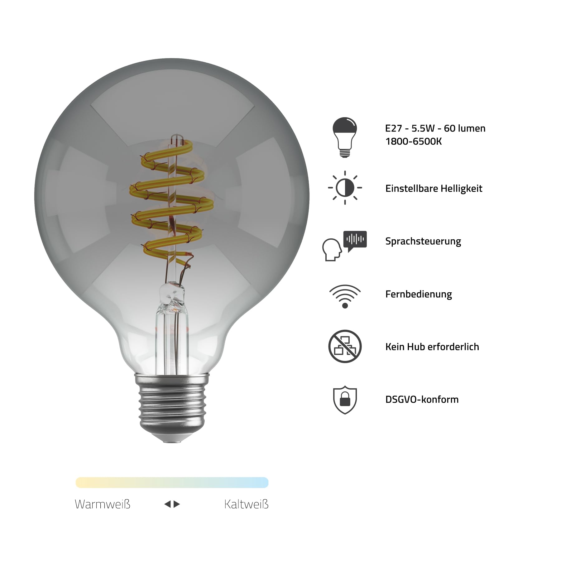 Hombli Glühbirne, G95 E27 LED WLAN, 800 Lumen, dimmbar, vintage, Smokey