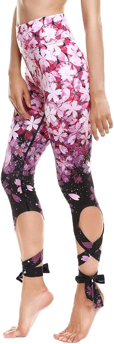 JORYEE Women's High Waist Bandage Tie Cut Out Print Workout Yoga Capri Leggings Tight