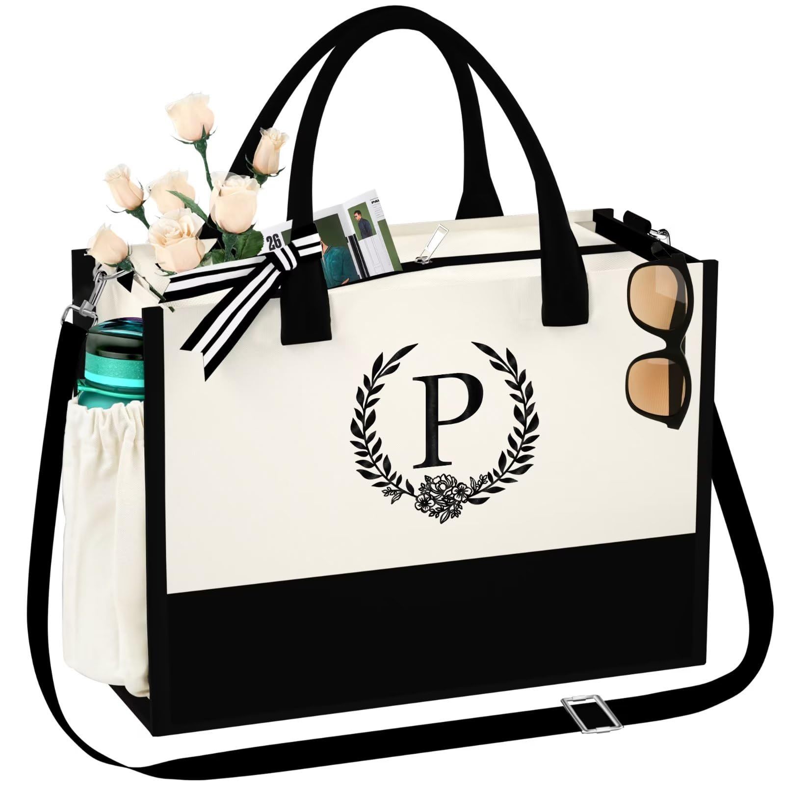 Initial Jute Beach Tote Bag w Strap and Pocket, Personalized Birthday Gift for Mom, Teacher, Friends, Bridesmaids