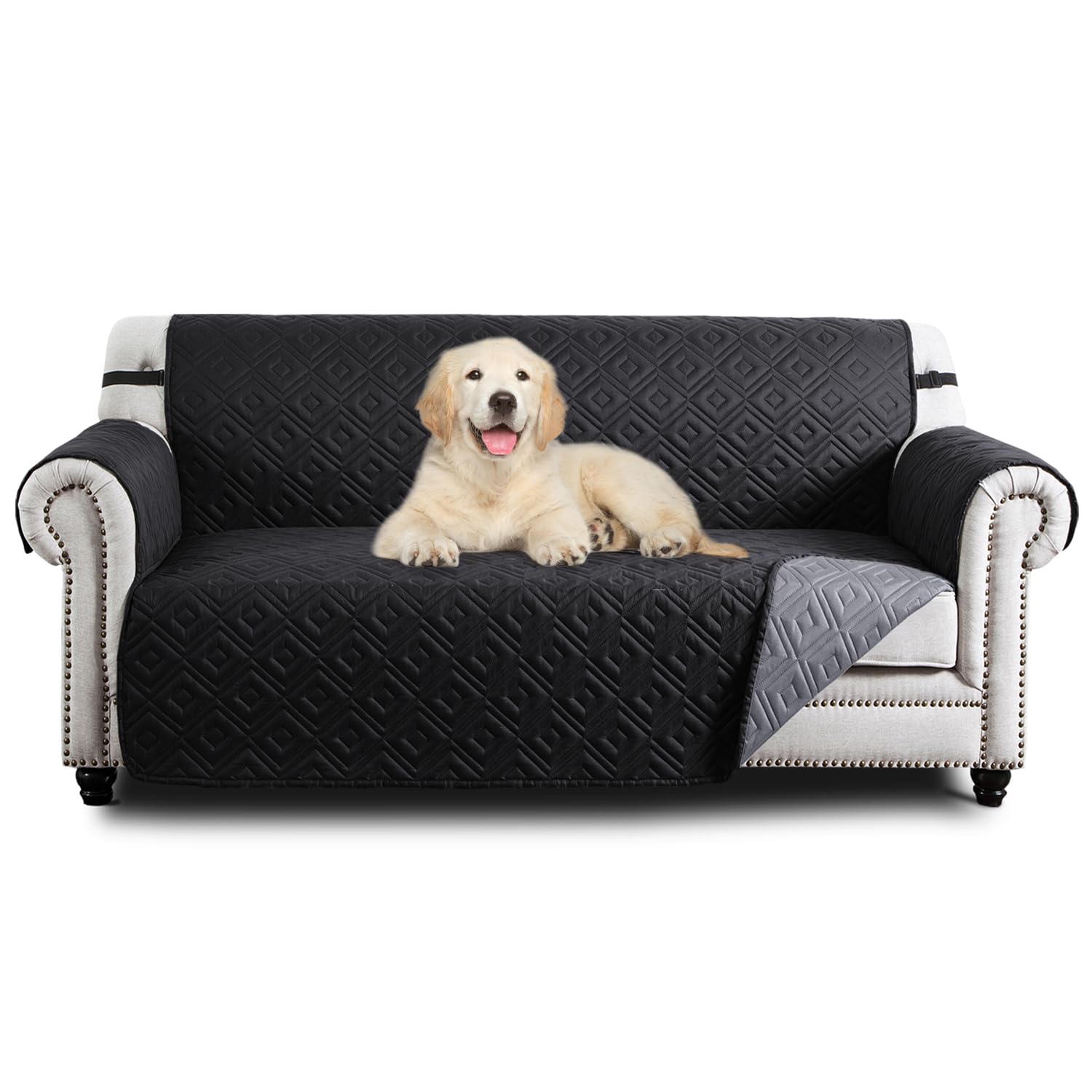 Hafaa Sofa Cover 3 Seater Water Resistant Sofa Slipcovers, Black/Dark Grey Non Slip Reversible Sofa Covers with Elastic Strap - Washable Sofa Protectors from Pets/Kids/Dogs