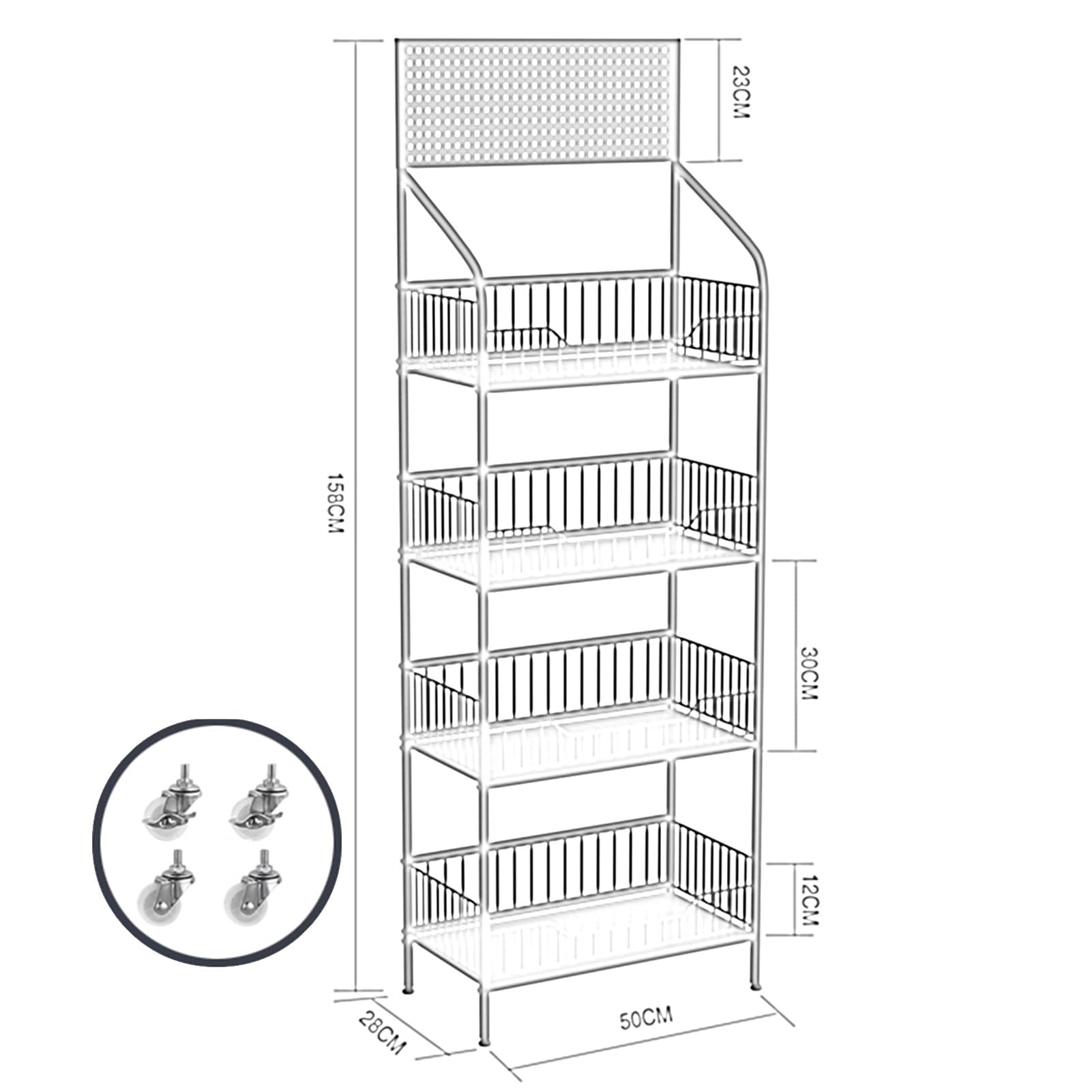 Generico Scaffale espositivo per Snack da supermercato, scaffale Multifunzionale per Alimenti, Frutta, Verdura, Caramelle e Pane, Organizer da Cucina per casa e minimarket (Bianco, 50x28x157 cm)