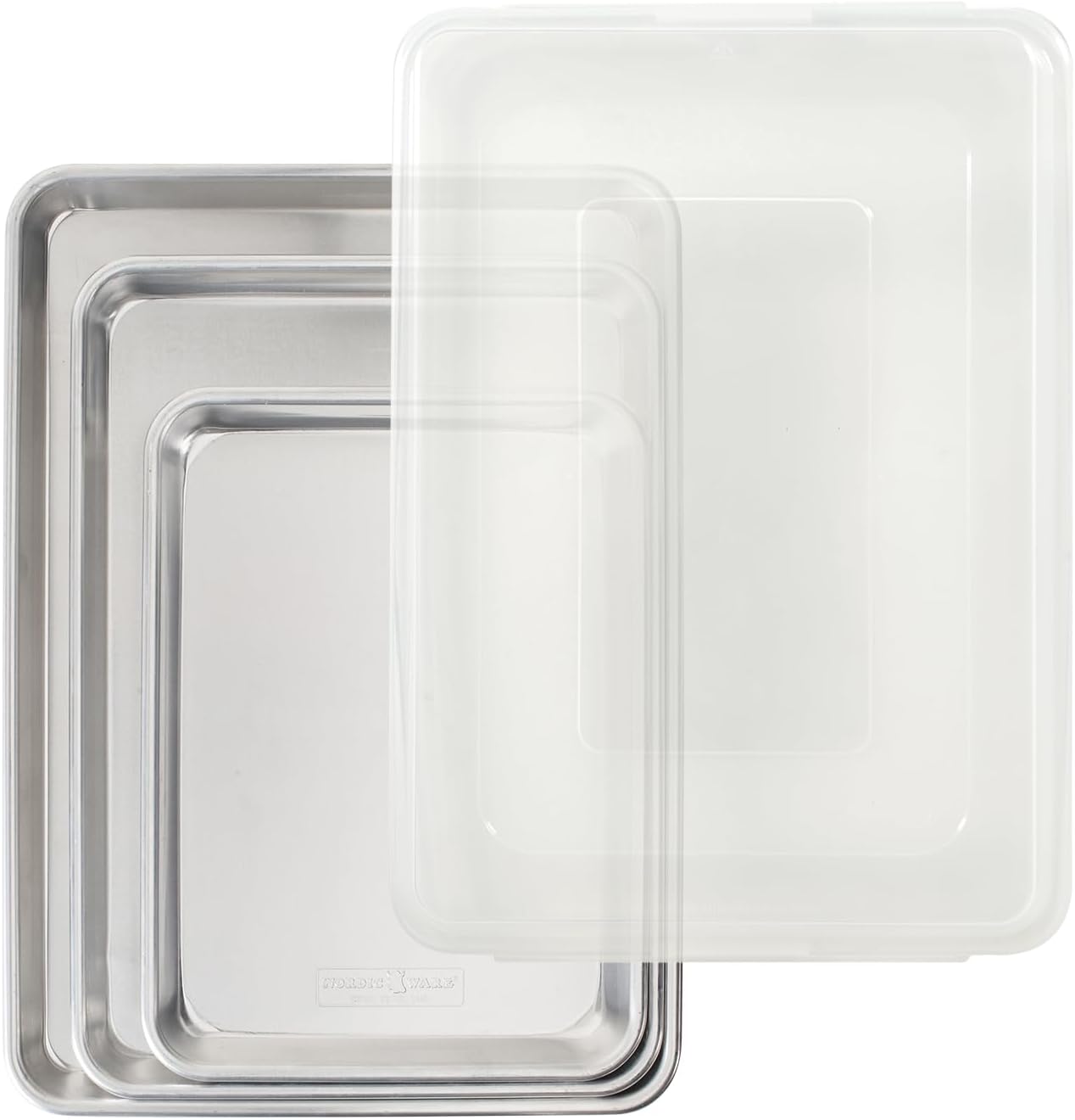 (incomplete ) nordic ware naturals 4 piece set - usa made aluminum commercial quality pans for baking or roasting, encapsulated galvanized steel rim prevents warping; quarter sheet, jelly roll, half sheet with lid