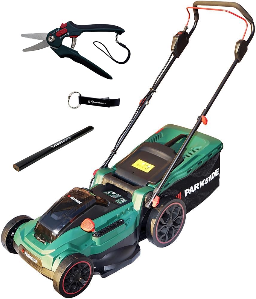 HEADNMORE Oferta para cortacésped a batería Parkside 40 V PRMA 40-40 cm ancho de corte, bolsa de césped de 50 l, sin batería ni cargador + accesorios HEADNMORE y calcetines de trabajo Parkside (+