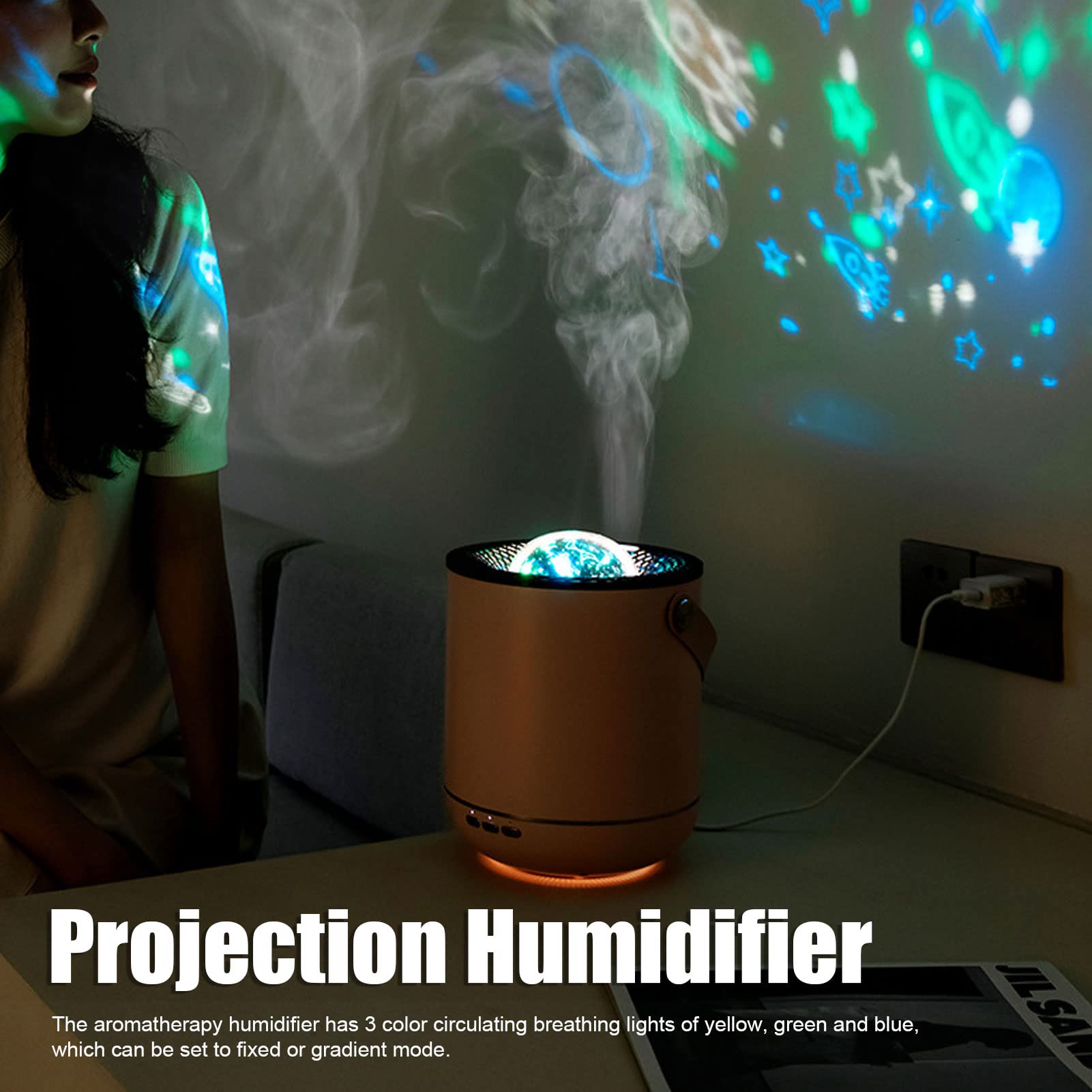 Humidificador con lámpara de proyector ultrasónico, 450 ml, rotación dinámica de 360 ​​°, difusor de aceites esenciales de aromaterapia con luz nocturna suave para el dormitorio (Rosa)