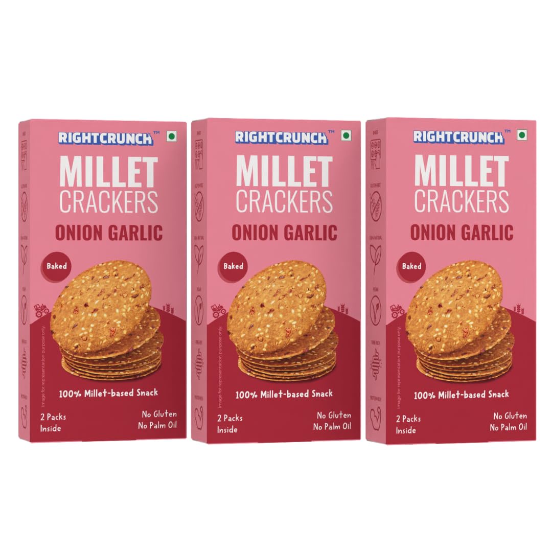 Rightcrunch Millet Crackers - Baked Snack, No Maida, No Palm Oil, Gluten-Free, No Artificial Flavours or Preservatives Pack of 3 – 300g (Pack of 3, Onion Garlic)