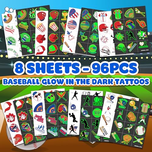 Image of 96 PCS Baseball Pre-Cut Luminous Glow in the dark Temporary Tattoos | Super Cute Baseball Themed Birthday Party Favors, Supplies, Decorations, Sports Fake Tattoo Stickers Gifts for Boys Girls