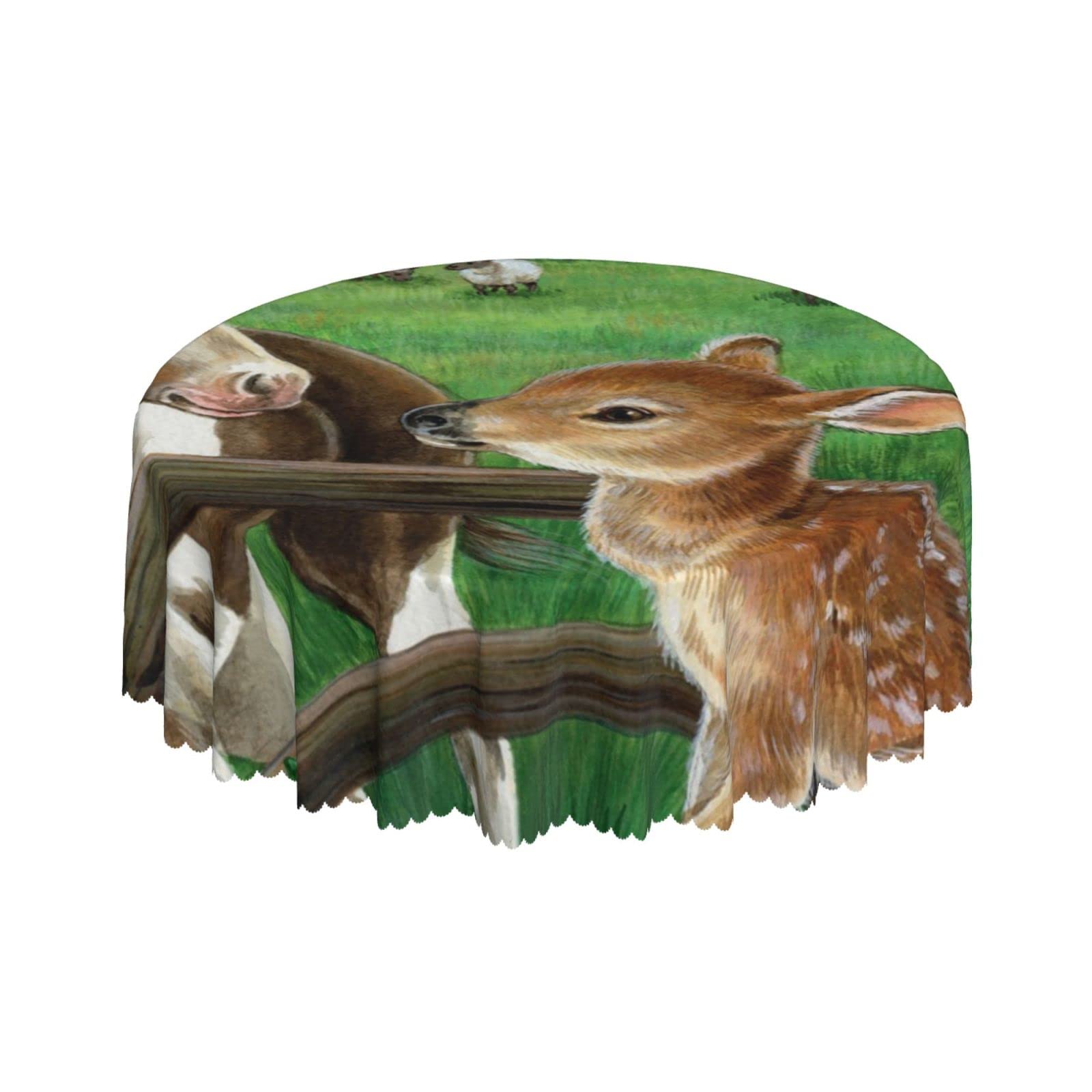 Lsjuee Cute Horse Deer Pasture Round Tablecloth 60 Inch Printed Washable Tablecloth for Dining Party Holiday Fall Home Decorative