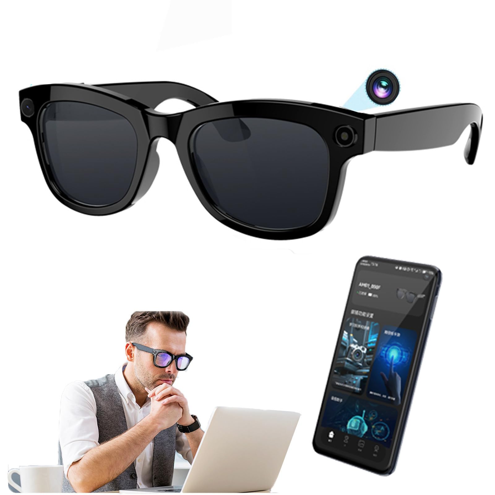 Occhiali Intelligenti Ai, Fotocamera Hd Da 500 W E Altoparlanti, Controllo Vocale, Trasmissione Wi-Fi E Bluetooth 5.3, Occhiali Con Traduttore Intelligente Con App, Ascolto Di Musica E Chiamate,B