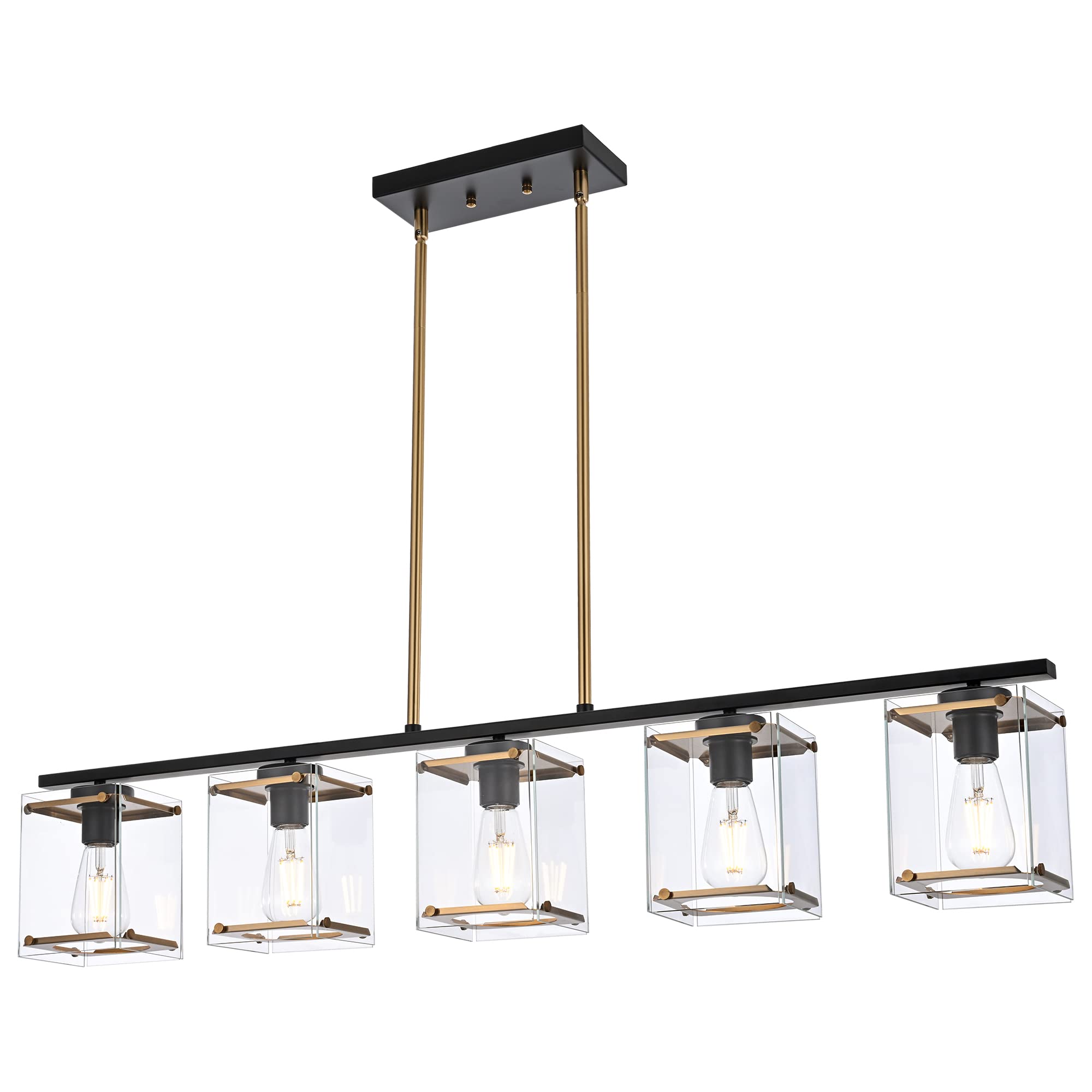 MELUCEE 5 Light Linear Chandeliers for Dining Room Kitchen Island Lighting with Rectangular Clear Glass Shades, Modern Pendant Light Fixture Black and Brass for Kitchen Dining Room Living Room