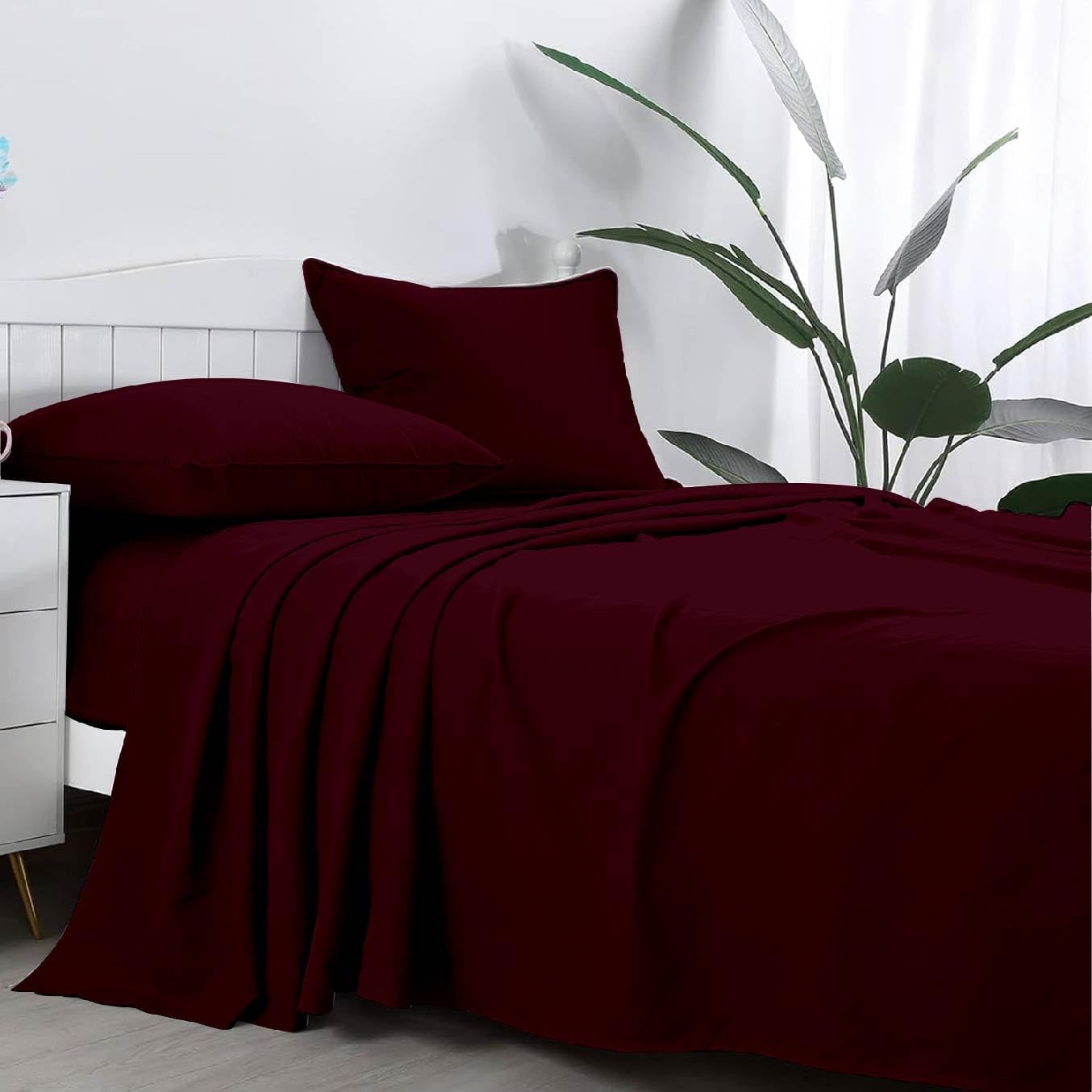 QUEENSBAY King Bed Sheet Set, Cooling, Deep Pocket 15 Inch, Wrinkle Free, Comfy, Easy Care, Breathable, Soft Microfiber 4 Piece Fitted Sheet Set, Luxury Bedding, Burgundy