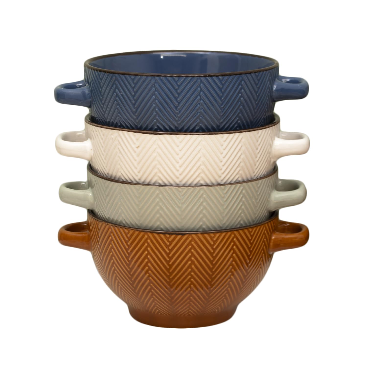Darthome Chevron Handled Soup Bowls Set of 4, 680ml Stoneware with Textured Herringbone Pattern, Assorted Colours, Microwave and Dishwasher Safe
