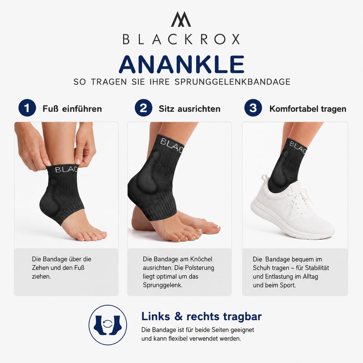 BLACKROX Sprunggelenkbandage [Vergleichssieger 2026] Gr. S-L | Für Damen & Herren | Bandage für das Fußgelenk | Perfekt für Sport, Fußball, Joggen & Bodybuilding | ANANKLE | Schwarz Gr. M