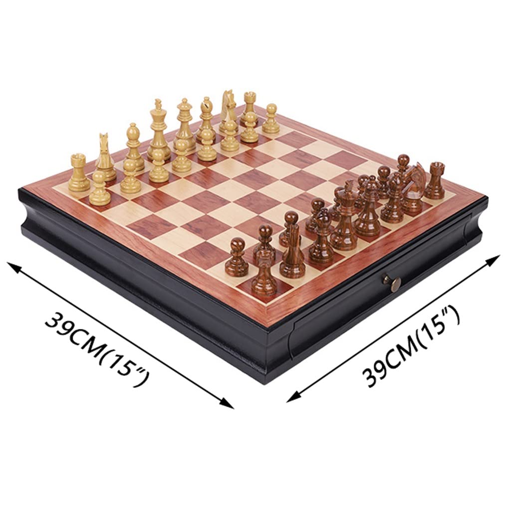 ZAW Schach Rosenholzschach 15Imch Magnetische Schublade Aufbewahrungsbox Tragbare Schachfiguren Erwachsene Schachbrett Spiel Sets Geschenk 2 Extra Queens Chess (Color : A+Chess Board)
