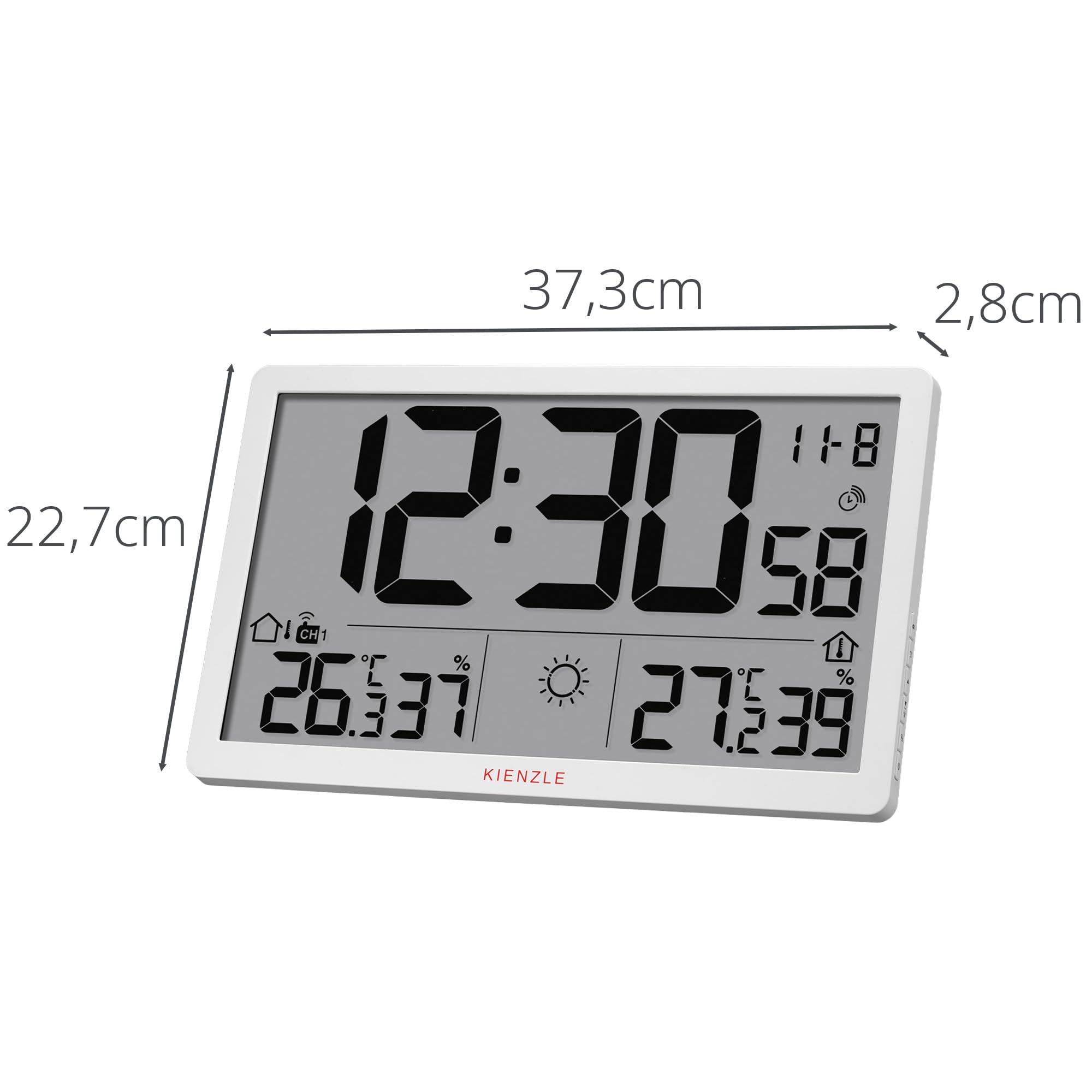 Kienzle Jumbo NEO LCD Wetter Wanduhr weiß mit XXL Display Außensensor | Innen und Außentemperatur, Luftfeuchtigkeit, Wettervorhersage, Luftdruck, DCF Zeit, Wecker, Max Min Speicher, 80 m