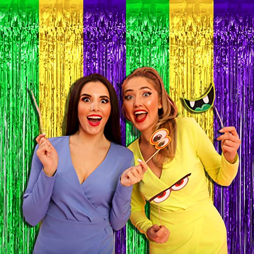 Image of 4 Pack Mardi Gras Foil Fringe Curtain Backdrop, 3.28Ft x 8.2Ft Gold Green Purple Metallic Tinsel Foil Fringe Streamers Curtains for Photo Booth, Wedding, Birthday, Carnival Party Decoration
