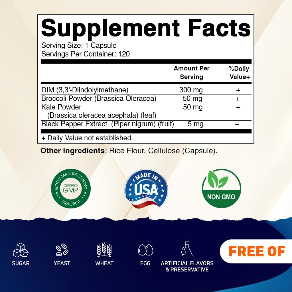 Vitamatic DIM Supplement Complex for Women & Men - 300mg - 120 Veg Capsules - Made with Black Pepper, Broccoli Powder & Kale Powder - Non-GMO & Gluten Free — Amazon image 2