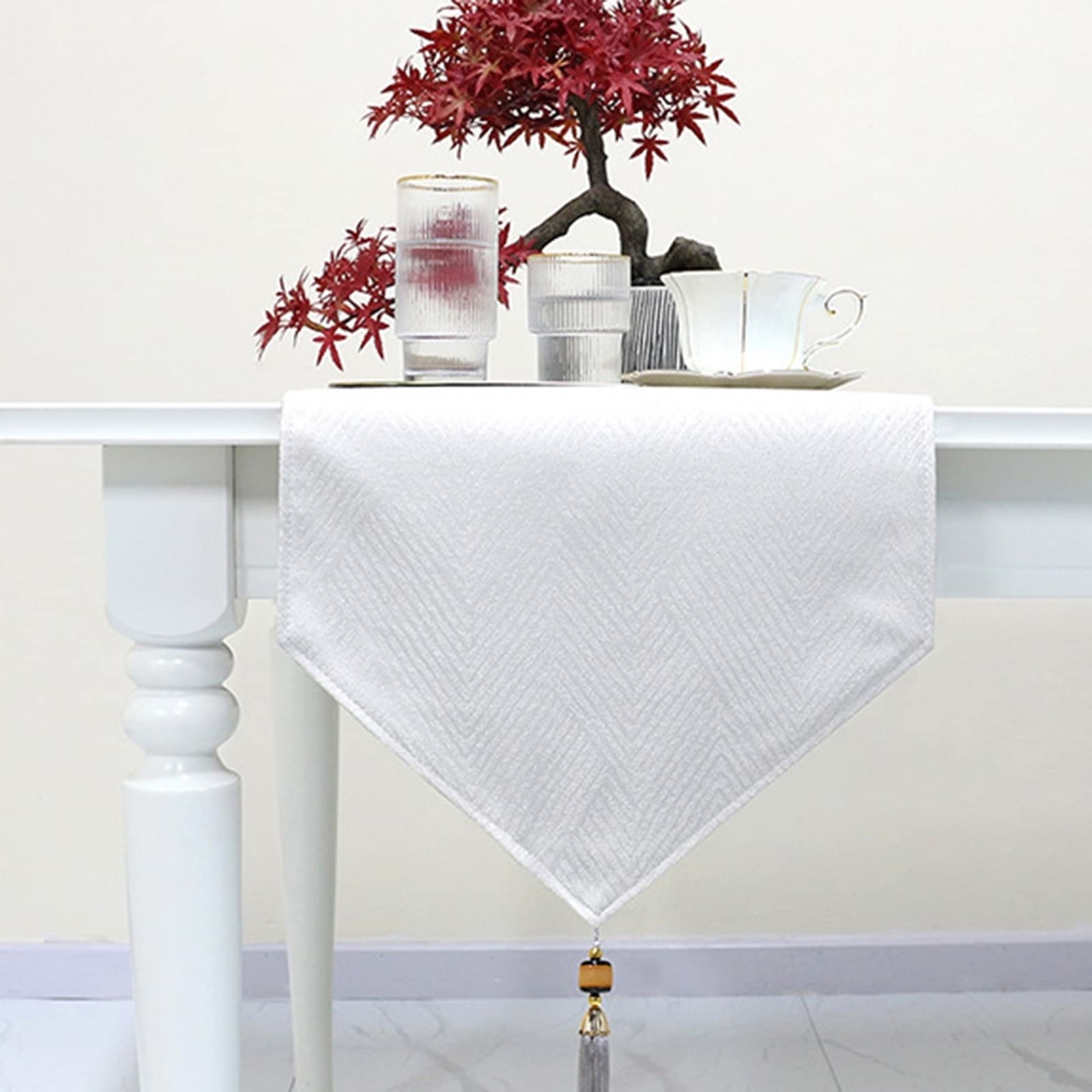 Epinki Tischläufer Frühling, 35x200 cm Baumwolle Polyester Tischläufer Handgemachte Jacquard, Tafeltuch Modern Küche Esstisch Dekoration, Weiß
