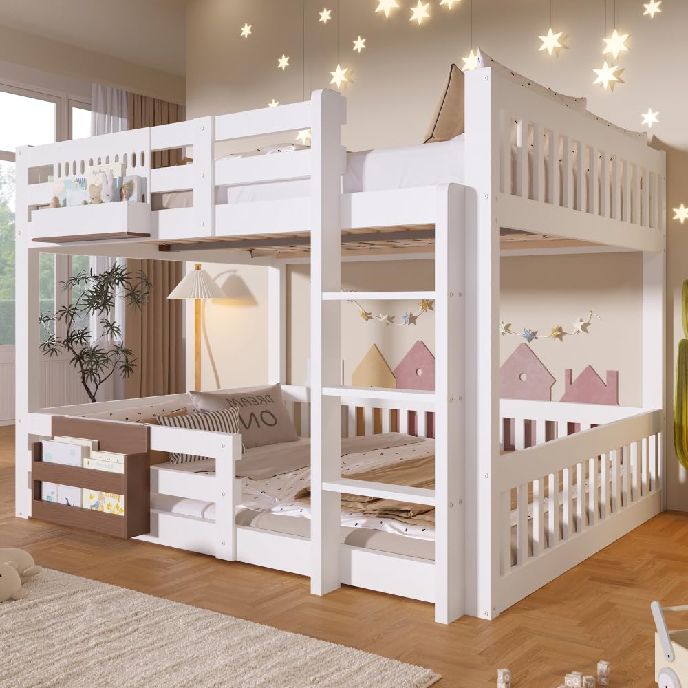 Sapgaks Lit superposé Enfant 140 x 200 cm,lit Mezzanine 2 Places,lit superposé 2 Places,lit Double Enfant Compartiments de Rangement,Grille de sécurité,échelle,sans Matelas,Blanc