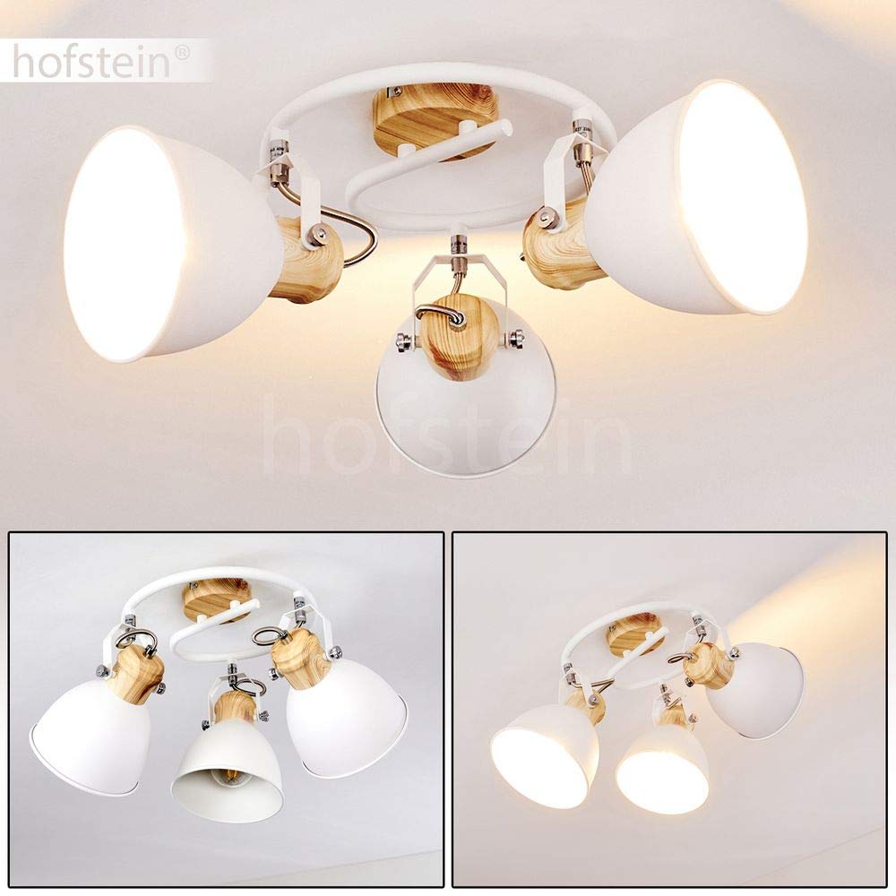 Plafoniera Banjul, plafoniera rotonda in metallo con ottica bianca/legno, a 3 luci, con faretti regolabili, 3 x attacco E27, spirale in design retrò/vintage, senza lampadina/e