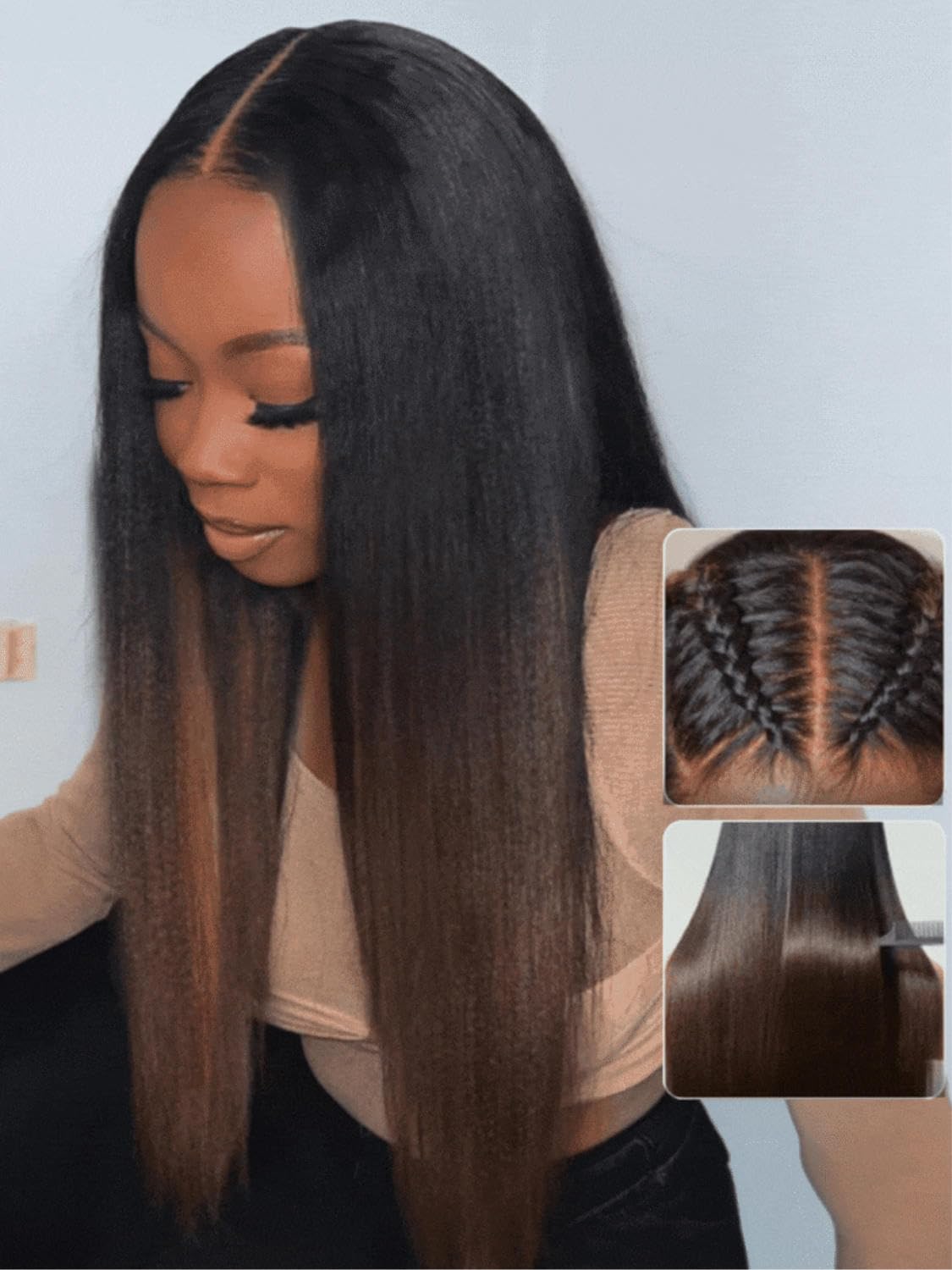 Beauty Forever Light Yaki Straight Glueless Wigs Human Hair Pre Plucked Pre Cut Black to Chestnut Brown 7x5 Bye Bye Knots Lace Front Wear and Go Drawstring Wig Beginner Friendly 150% Density 18inch