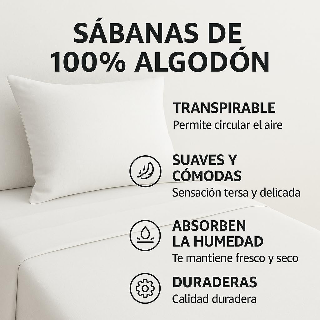 Col & Cor Juego de Sábanas 100% Algodón 144 Hilos, Liso, Bajera Ajustable (30 cm), Encimera + Funda de Almohada, 3 Piezas, Ropa de Cama | Cama 150 x 190/200 | Blanco