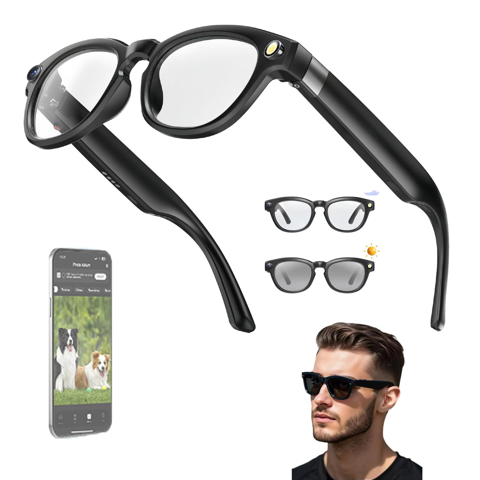 Lunettes Intelligentes IA,Caméra HD 4k,Balayage Et Toucher,Puce Anti-Tremblement Intégrée,Connexion Bluetooth Wi-FI,Changement De Couleur,Conception Stéréo À Deux Canaux,pour Les Voyages