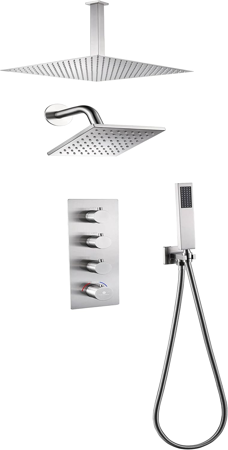 Matte Black 3 Function Thermostatic Faucet Set with Ceiling 16" Rain Shower Head, High Pressure 6", and Handheld Spray