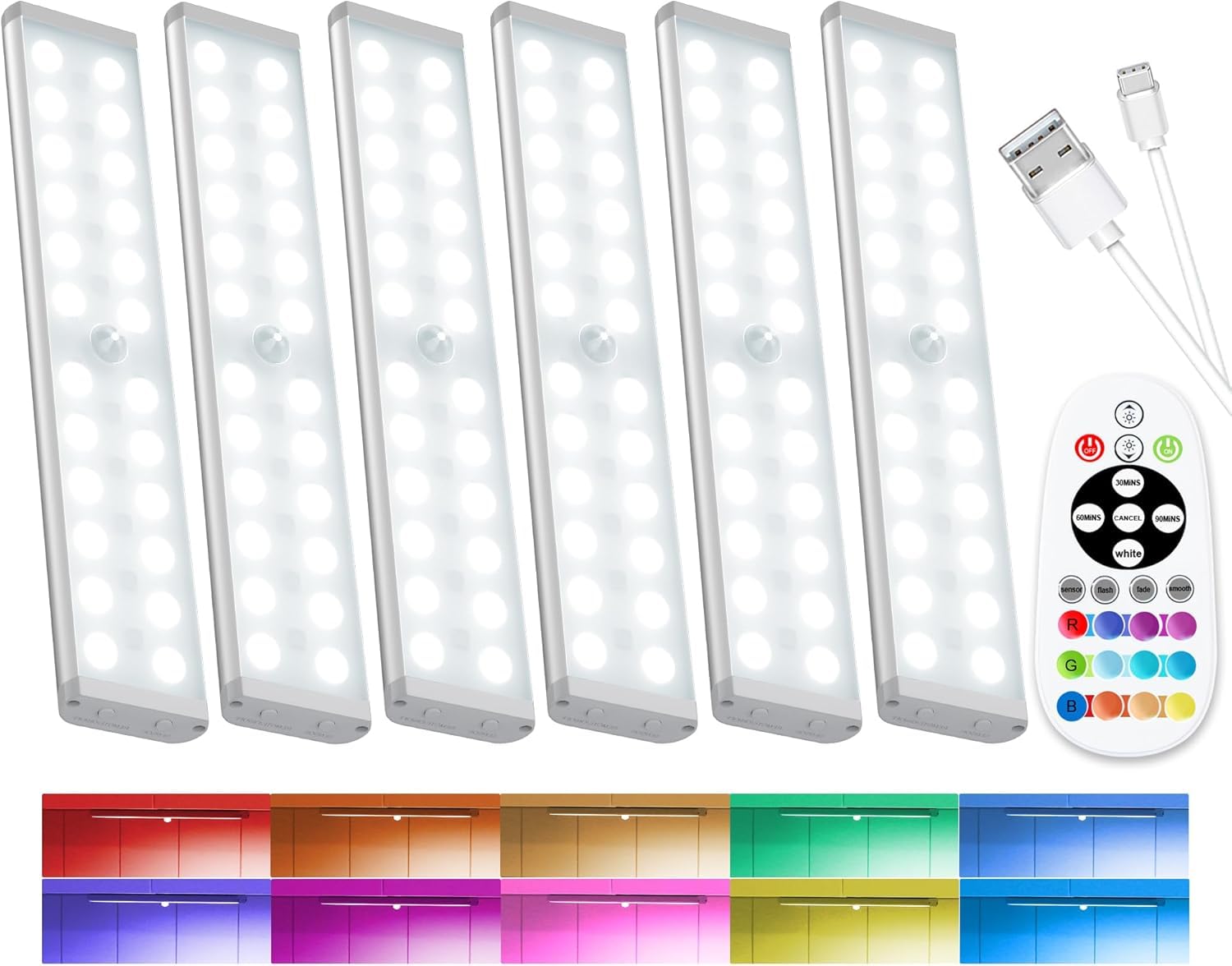 58 luces LED para debajo del gabinete, con sensor de movimiento RGB inalámbrico, luces nocturnas con control remoto