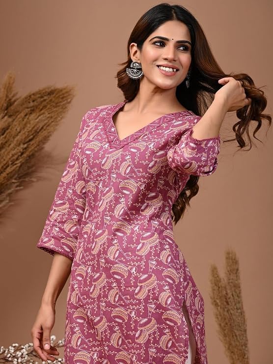 Image of RAINDROP Womens Printed Cotton Straight Kurta for Girls Regular Wear Long Top
