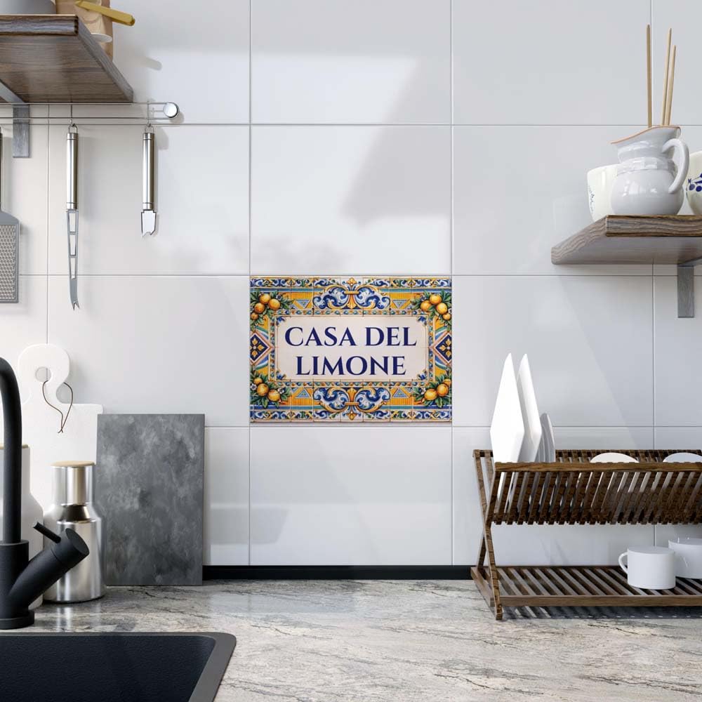Personalisierte Italienische Zitronenfliesen-Tafel | Familienname Hausnummer | Amalfiküsten-Stil Keramikfliese | Einzug, Hochzeit, Neuvermählte | Für Wohnraum, Badezimmer, Küche, Eingang