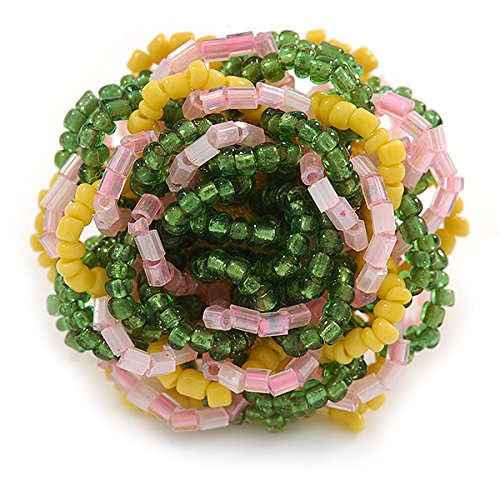 Bague élastique fleur 35 mm en perles de verre artisanales jaune rose vert de qualité