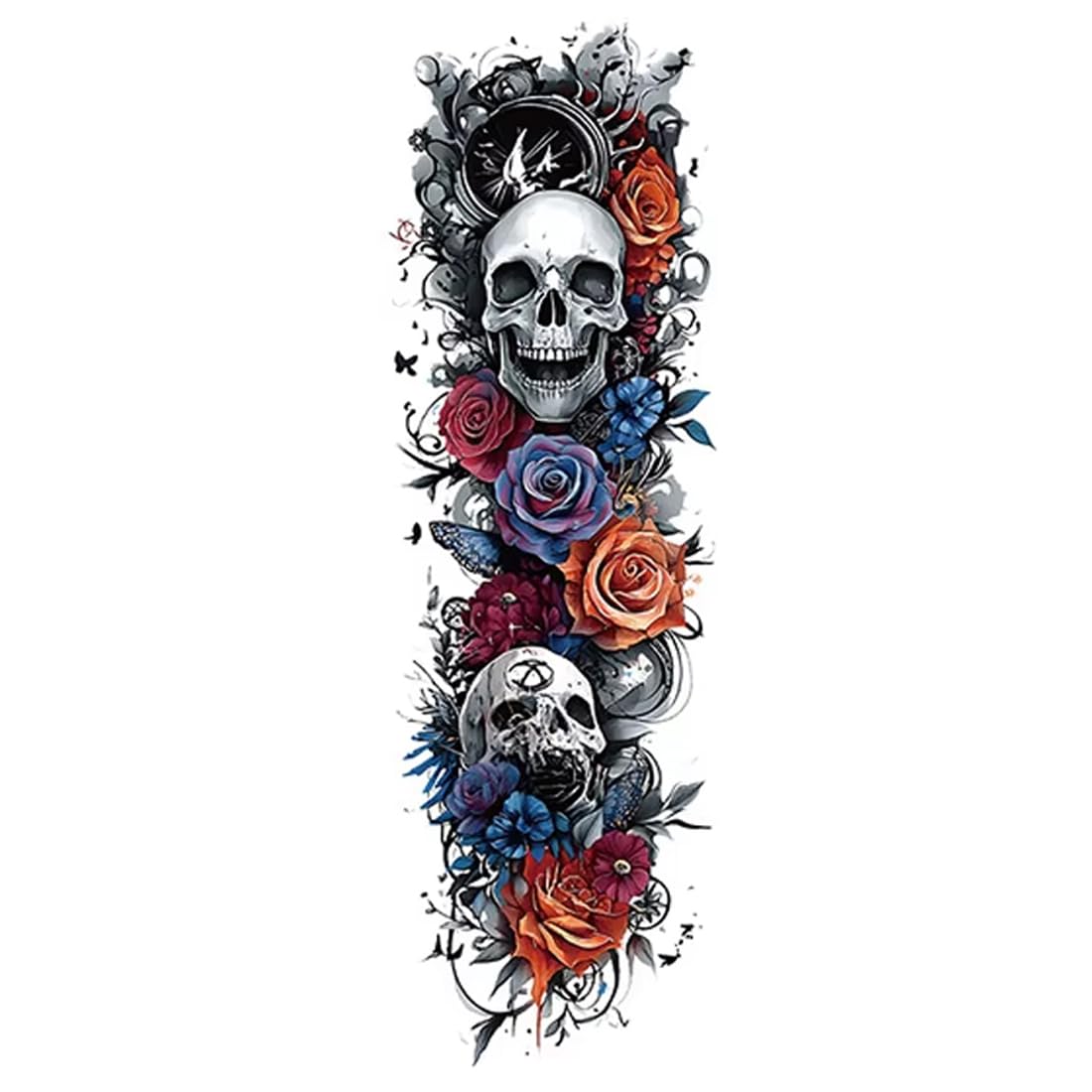 Girl Skull Rose Trible Colourful Temporary Tattoos Sleeve For Adult, Full Arm Large Realistic Fake Sleeve Tattoo Stickers For Women and Men Watercolor Boys Girls Leg Body Art