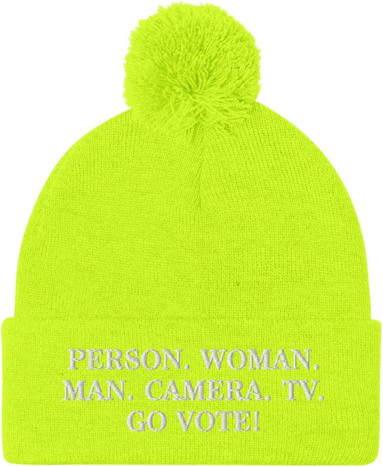Hogue WS LLC Person. Woman. Man. Camera. TV. Go Vote! Hat (Embroidered Pom-Pom Beanie)